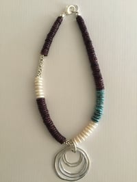Image 3 of Purple shell, turquoise, pearl and silver necklace