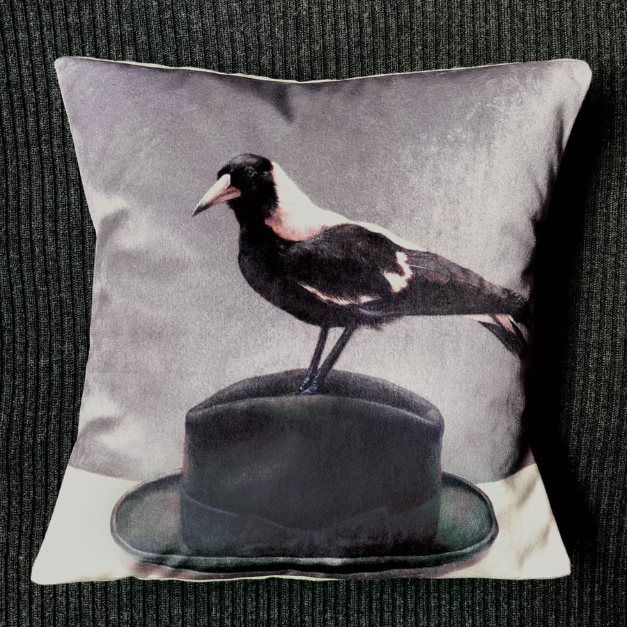 Image of Velvet Magpie on Hat Cushion