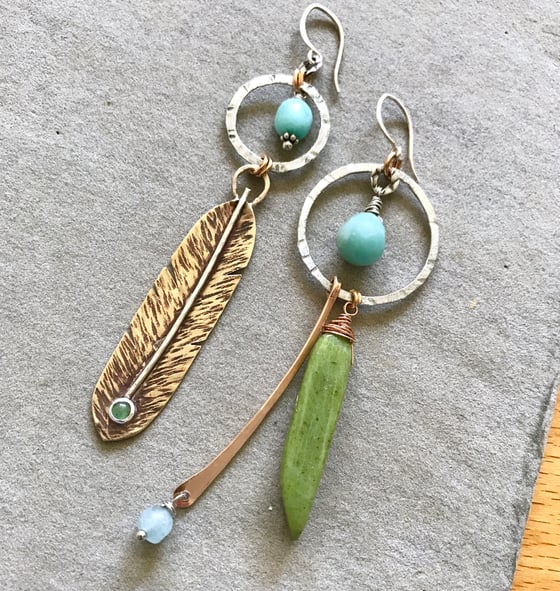 Image of Bohemian asymmetrical bronze feather and gemstone earrings