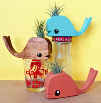 Image 1 of Tiny Wooden Whale With Airplant - Walnut, Turqoise or Orange 