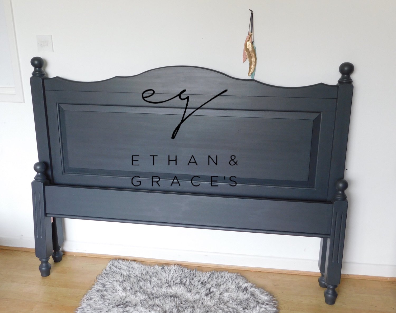Dark grey double solid wooden bed | Ethan and Grace's Designs