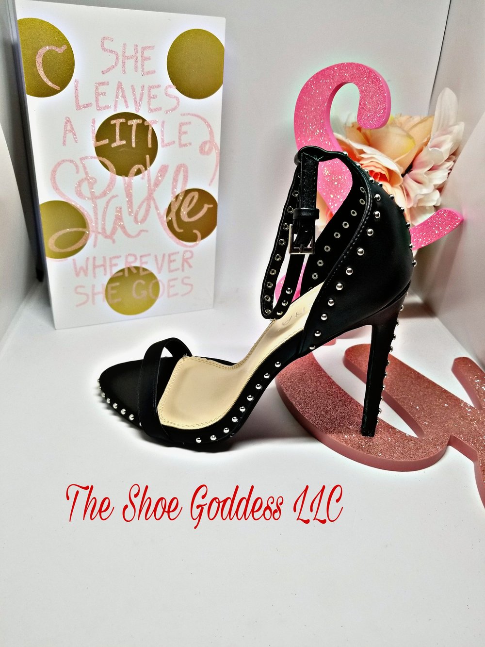 "Destiny" Black Beaded ankle strap heels