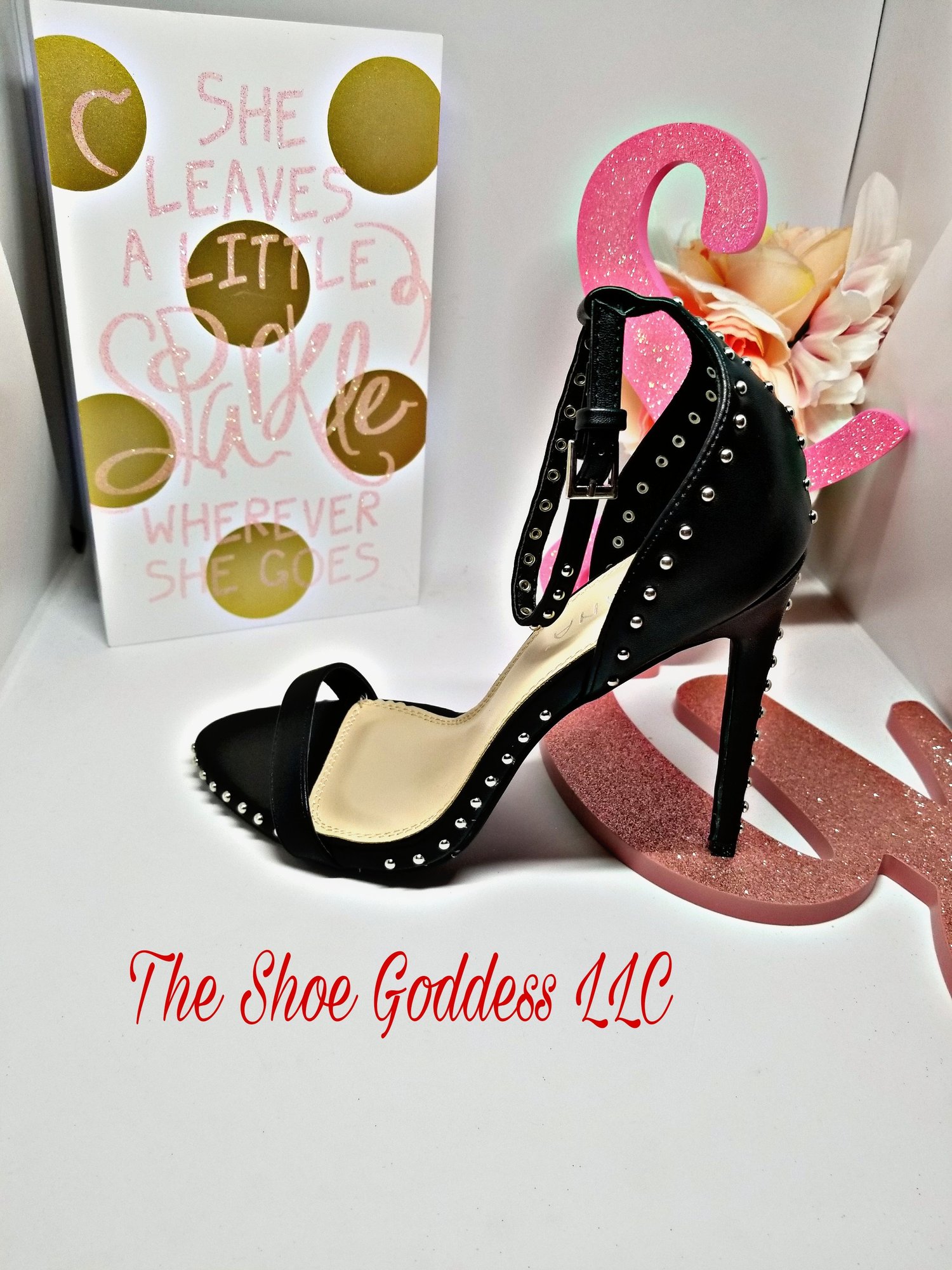 "Destiny" Black Beaded ankle strap heels | The Shoe Goddess LLC