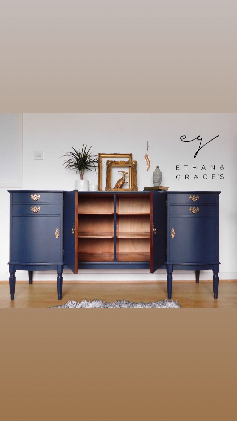 Image of A dark blue wooden sideboard