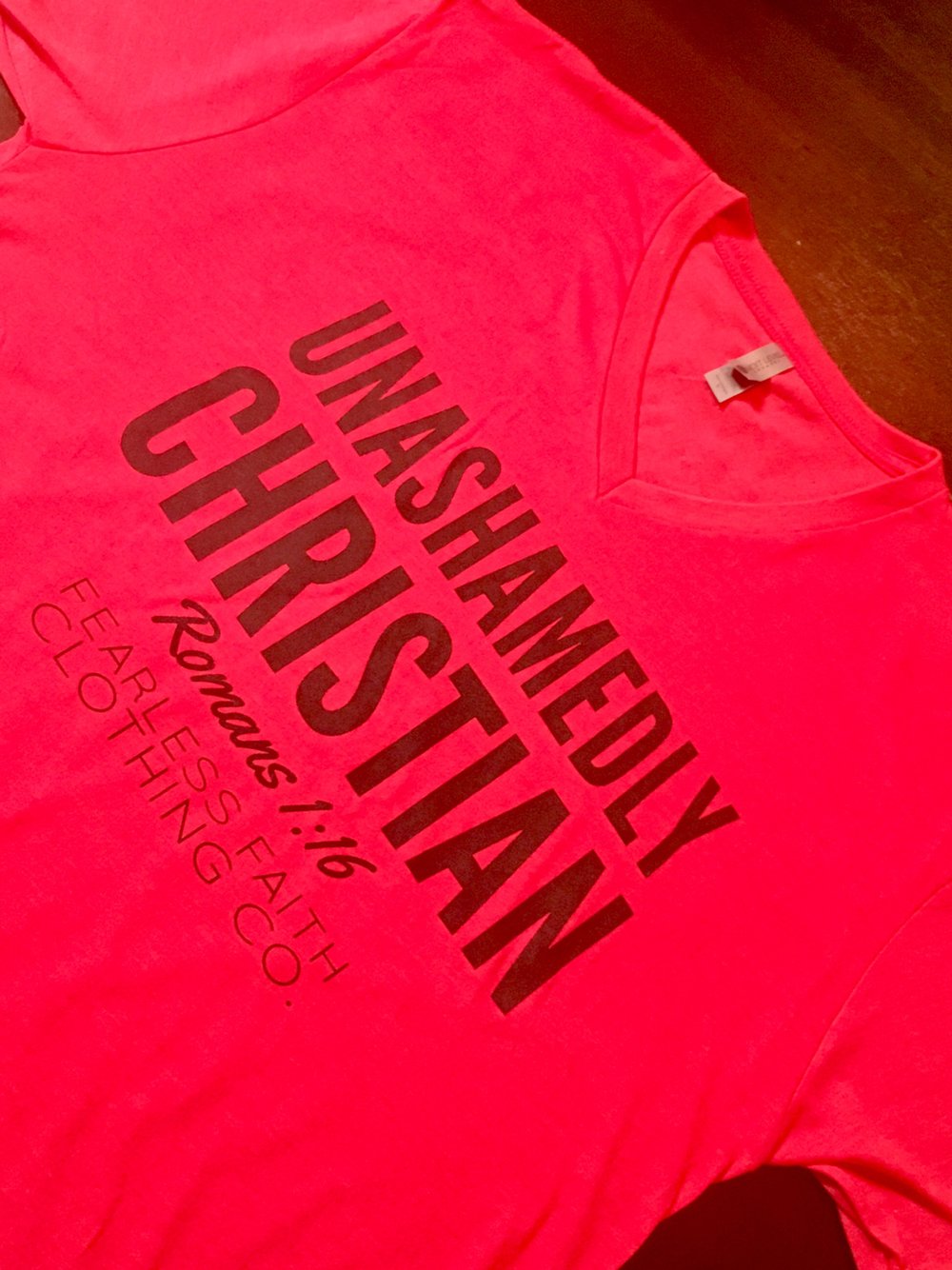 Image of Unashamedly Christian V-Neck T-Shirt (Red)