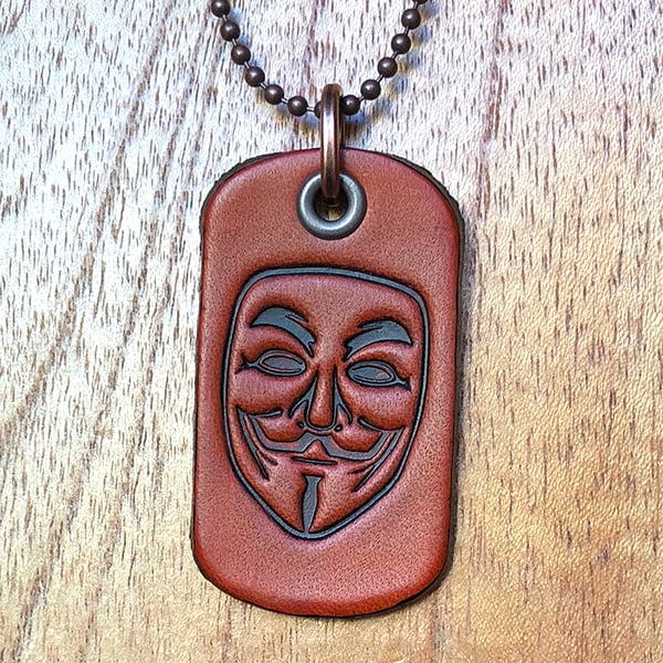 Image of Leather dog tag necklace with Guy Fawkes mask art
