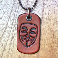 Image 1 of Leather dog tag necklace with Guy Fawkes mask art