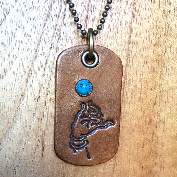 Image of Leather dog tag necklace with faux turquoise