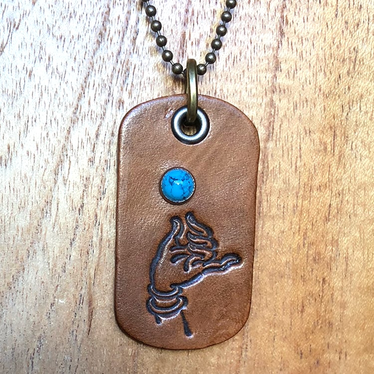 Leather dog tag necklace with faux turquoise