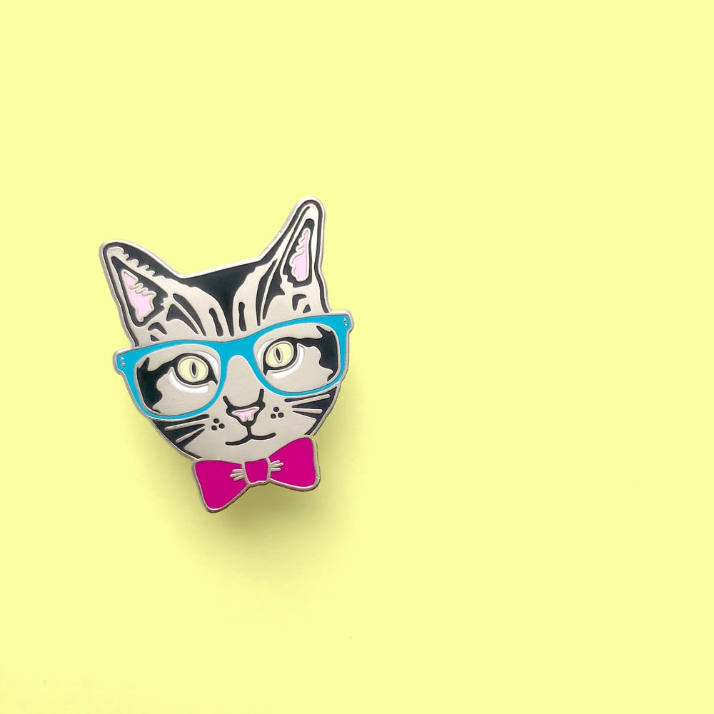 Image of  nerd kitty enamel pin - hipster cat - glasses bowtie cat pin
