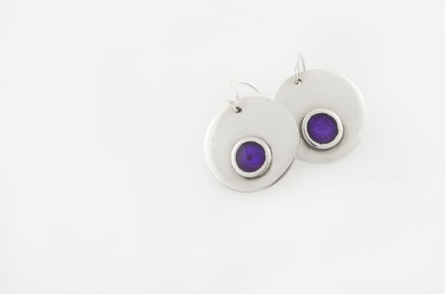 Round Silver Earrings With Detail - Purple