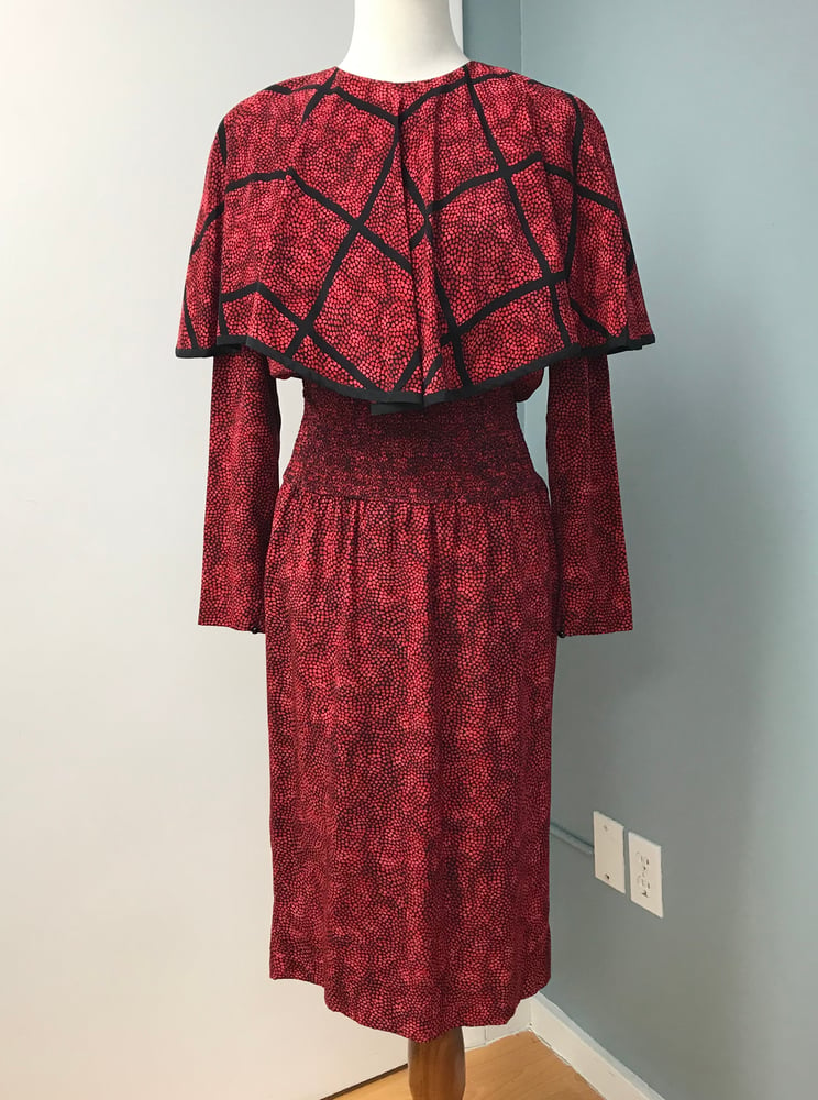 Image of Long Sleeve 80's Red Silk Dress With Built In Cape <del> 150.00 </del>
