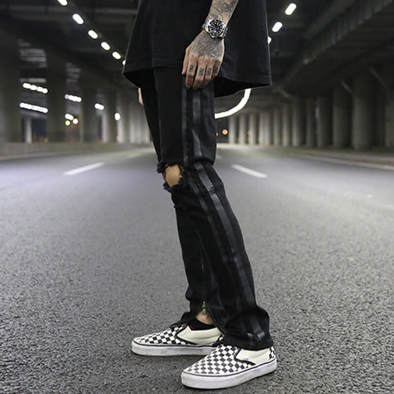 Image of Side Stripe Distressed Denim