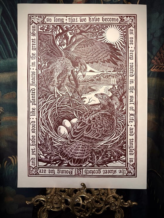 Image of ‘Blickling Buzzards’ Original Woodcut Print - Mahogany on Ivory