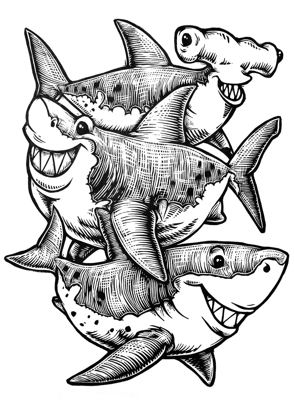 Three Sharks T-shirt (B2)**FREE SHIPPING**