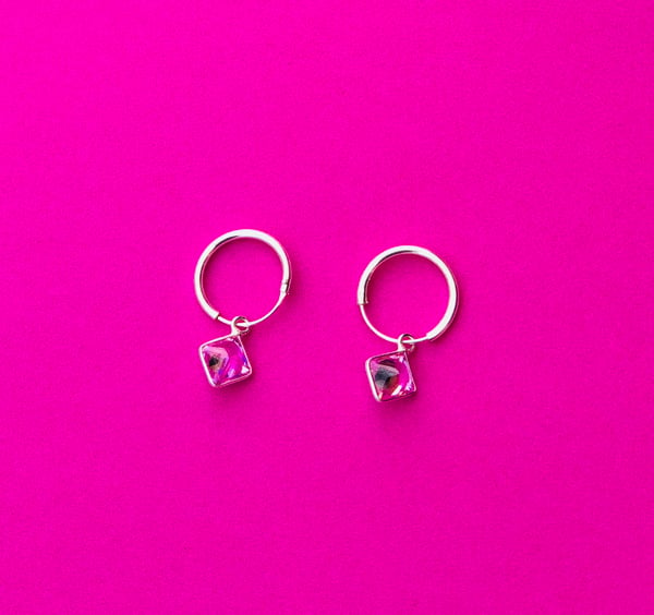 Image of The Hera - small silver hoop earrings with a hanging crystal (pink or white)  