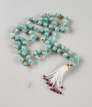 Amazonite & Rhodolite Baby Tassel Necklace
