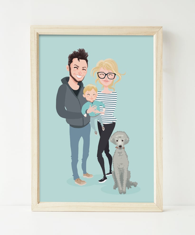 Custom family portrait hot illustrations and pet portraits made-to-order with your chosen wardrobe and backgrounds