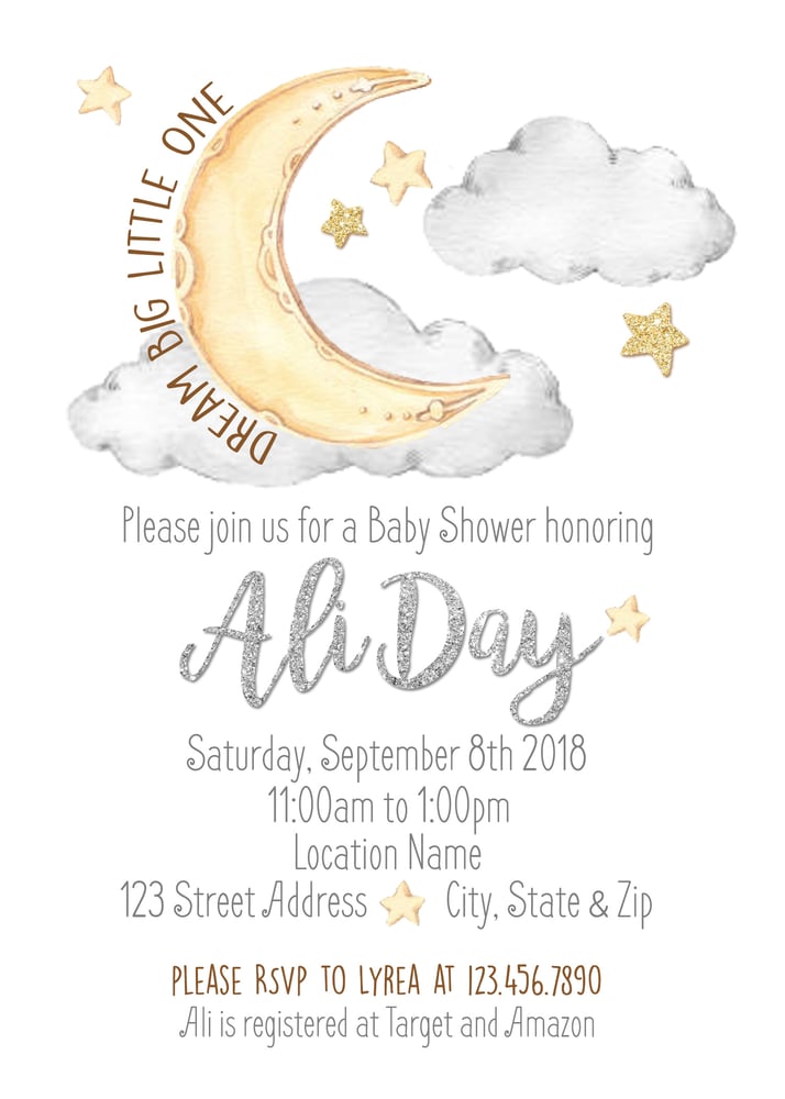 Paperfoxprints Moon Stars Baby Shower Invitation Paperfoxprints Moon Stars Baby Shower Invitation