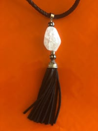 Image 3 of Necklace of black leather w/ black tassel & cracked quartz 