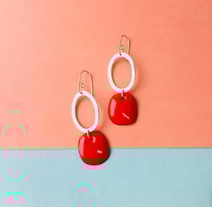Image of Handmade Sterling silver hoop earring with tangerine red enamel drop 