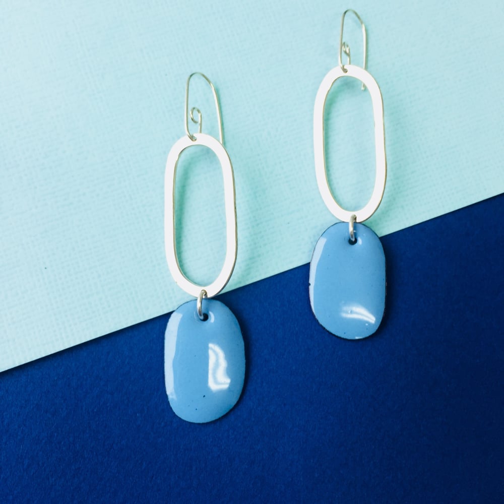 Image of Sterling silver hoop earrings with oval enamel drop 