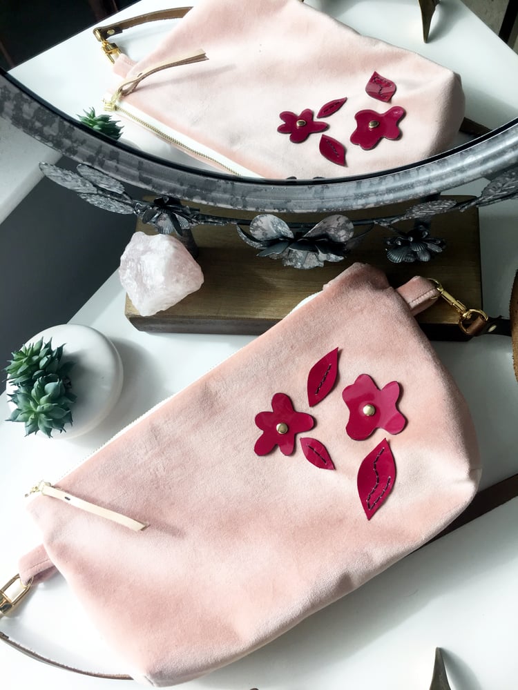 Image of "The Penny" Exclusive Soft Pink Velvet Cross-Body with Magenta Leather Floral