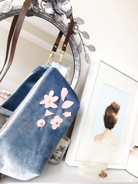 Image of "The Amber" Exclusive Baby Blue Velvet Cross-Body with Pink Leather Floral