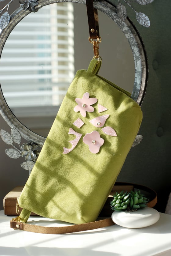 Image of "The Holly" Exclusive Chartreuse Velvet Cross-Body with Pink Leather Floral