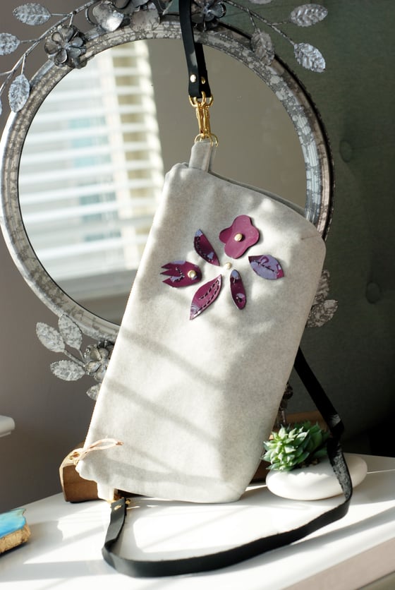 Image of "The Lily" Exclusive Soft Grey Velvet Cross-Body with Aubergine Leather Floral