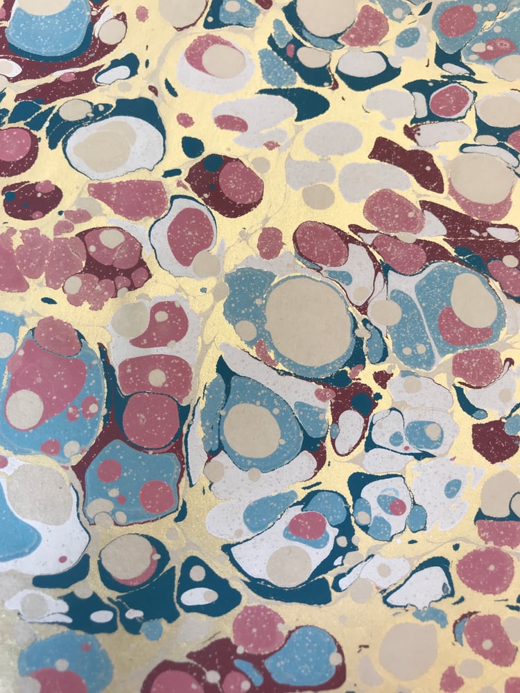 Image of Marbled Paper #97 'Blue & Pink Spot with Metallic gold' on fawn