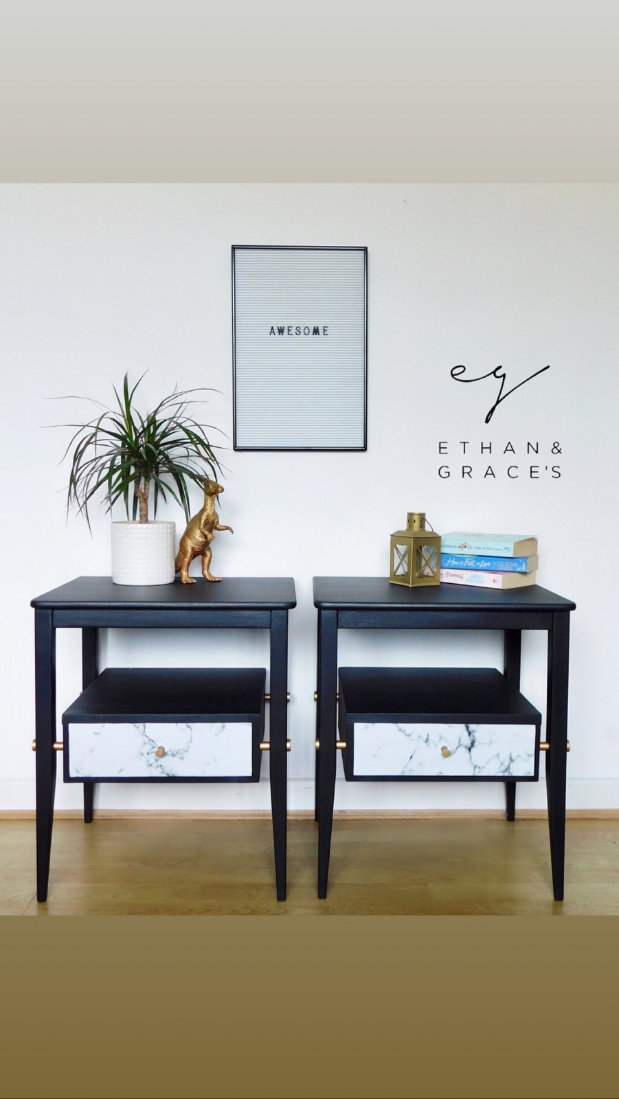 Image of A pair of black, gold and marble bedside tables