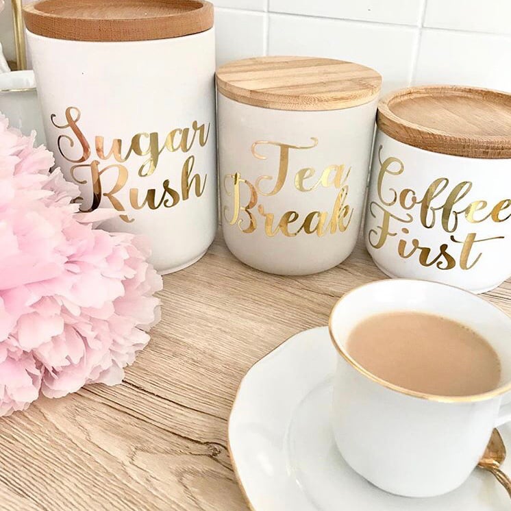 Rose Gold White And Silver Tea Coffee And Sugar Canisters Piece