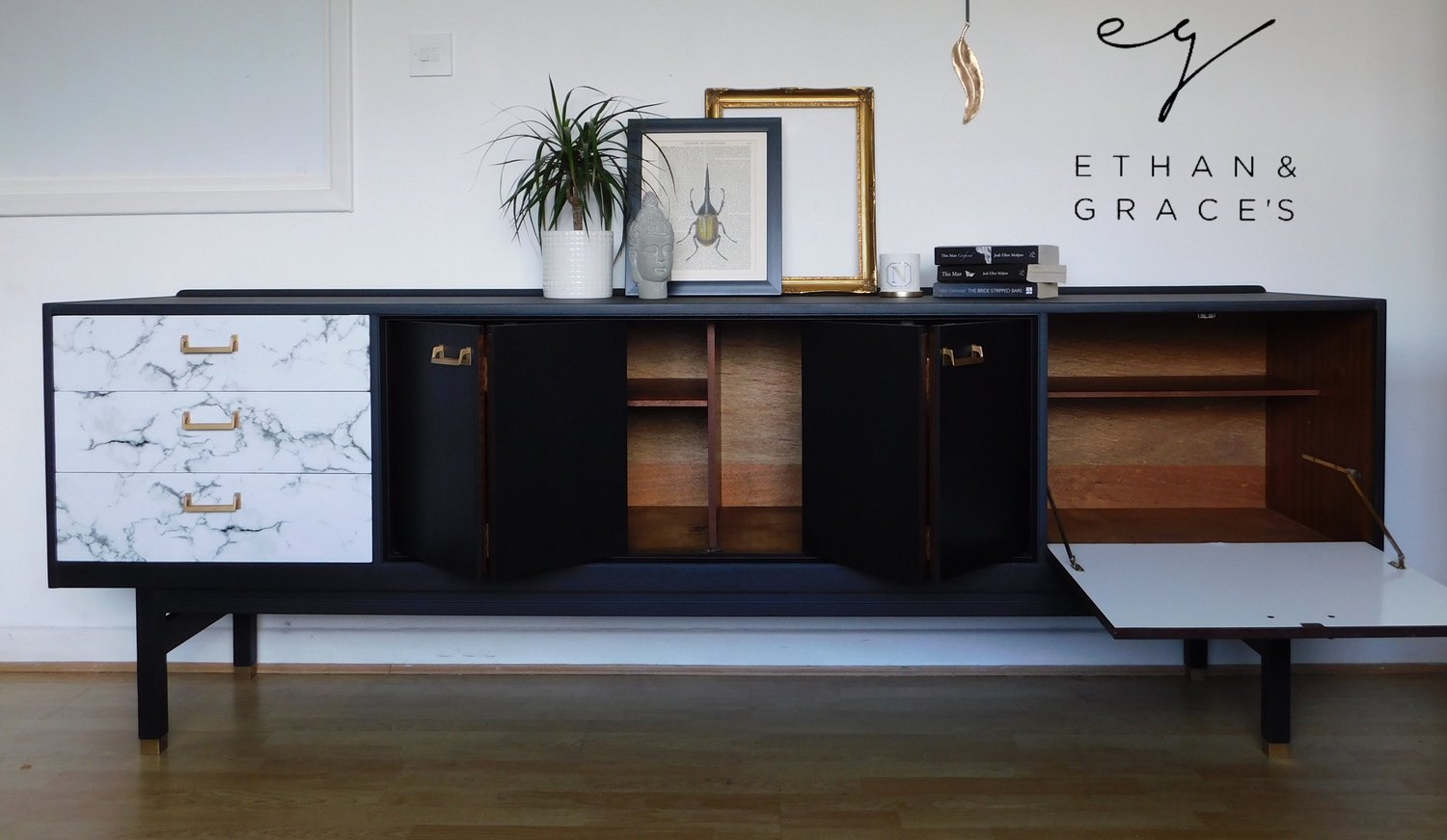 Image of Black, gold & marble G plan sideboard