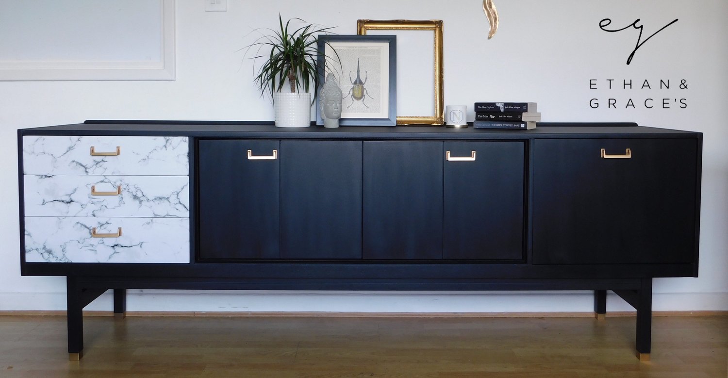 Image of Black, gold & marble G plan sideboard