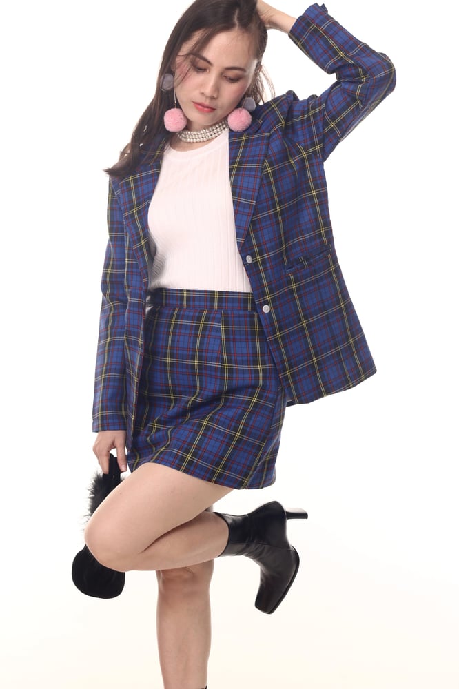 Cher 2 Piece Set Long Blazer In Blue Tartan Glitters For Dinner