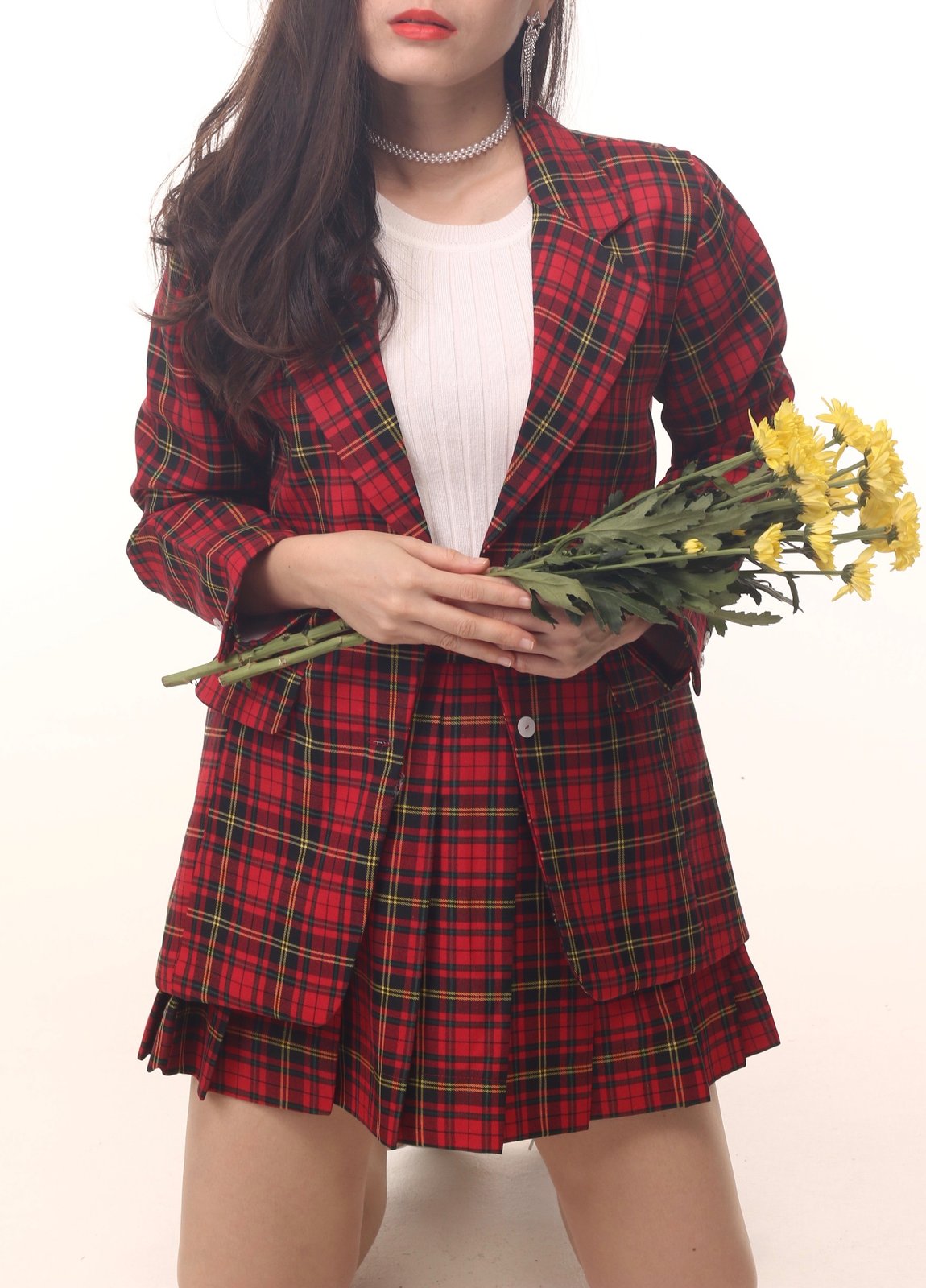 Cher Long Blazer Set in Red Tartan 