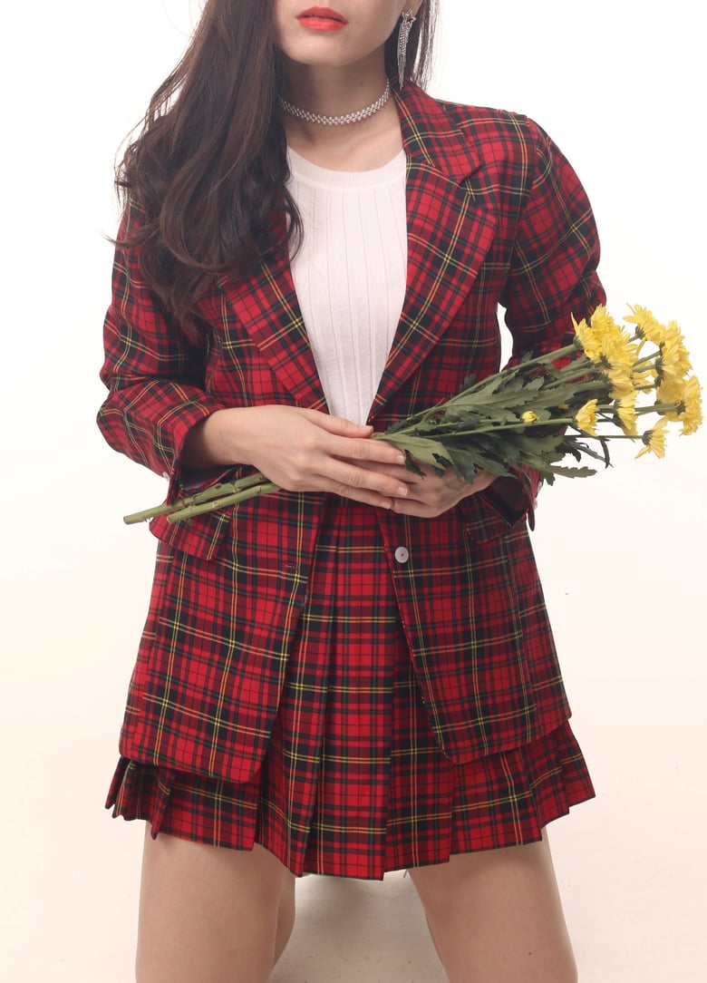 Image of Cher Long Blazer Set in Red Tartan