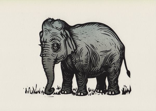 Image of Elephant linocut original print