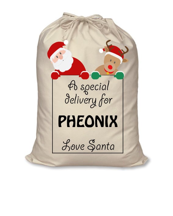 Image of Personalised Christmas Santa Sack - Santa and Rudolph - Calico