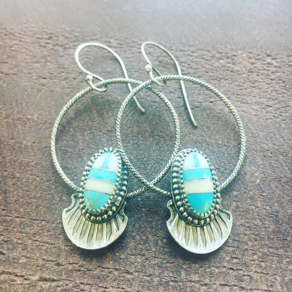 Image of Inlay Turquoise Stone N Hoop Earrings