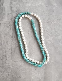 Image 3 of White Pearl & Light Turquoise Helix Necklace
