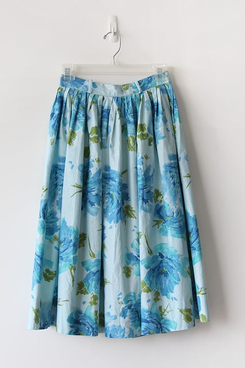 Image of Watercolor Flowers Blue Cotton Skirt