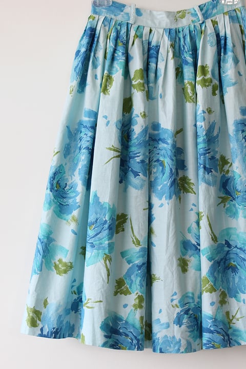 Image of Watercolor Flowers Blue Cotton Skirt
