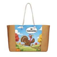 Image 1 of Oversized bag / purse ( cartoon turkey running saying no Thanksgiving) on light brown 