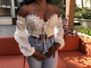 Image of Boho Lace Up Front Puff Sleeve Crop Top