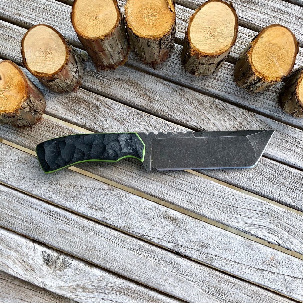 Image of (Pre-Owned) Small Nicholl Knives Tanto with Lime Green Liners and Black Scales