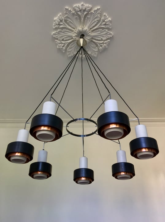 Image of Large Scale Mid-Century Chandelier of Satin Glass and Copper (2 Available)