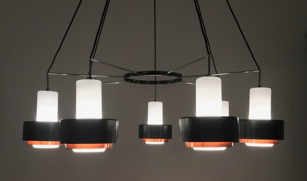 Image of Large Scale Mid-Century Chandelier of Satin Glass and Copper (2 Available)