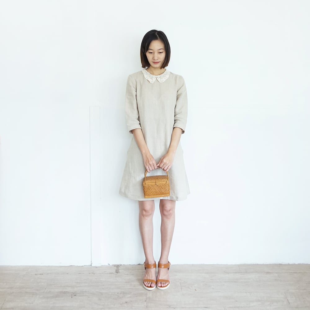 Image of Anne's Lace dress /  Linen Knee Length Dresses with Lace Collar Natural Color